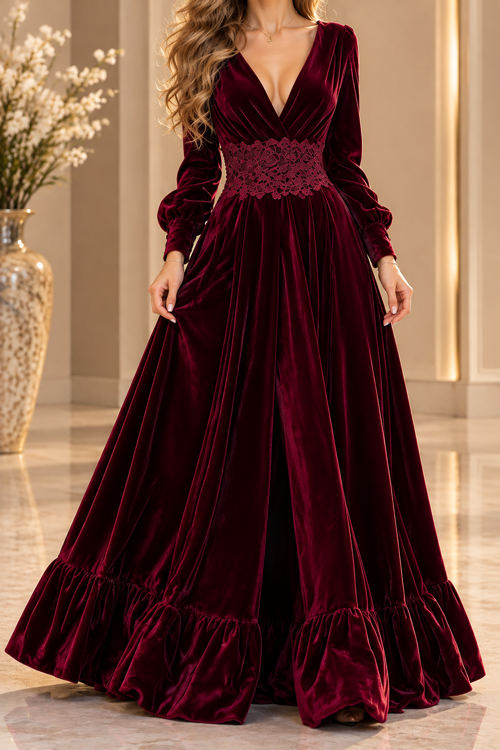 Seraphina Forest Green Velvet Lace Waist Maxi Dress