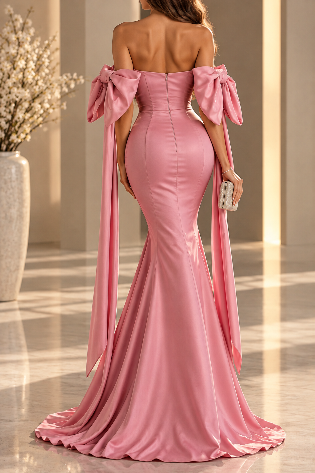 Isabella Emerald Green Off-Shoulder Bow Satin Mermaid Maxi Dress