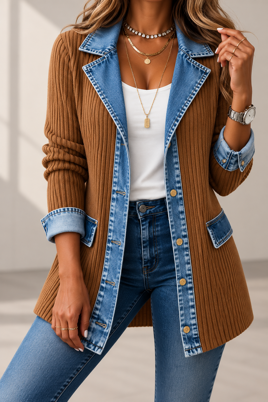 Amara Navy Ribbed Knit & Denim Trim Jacket