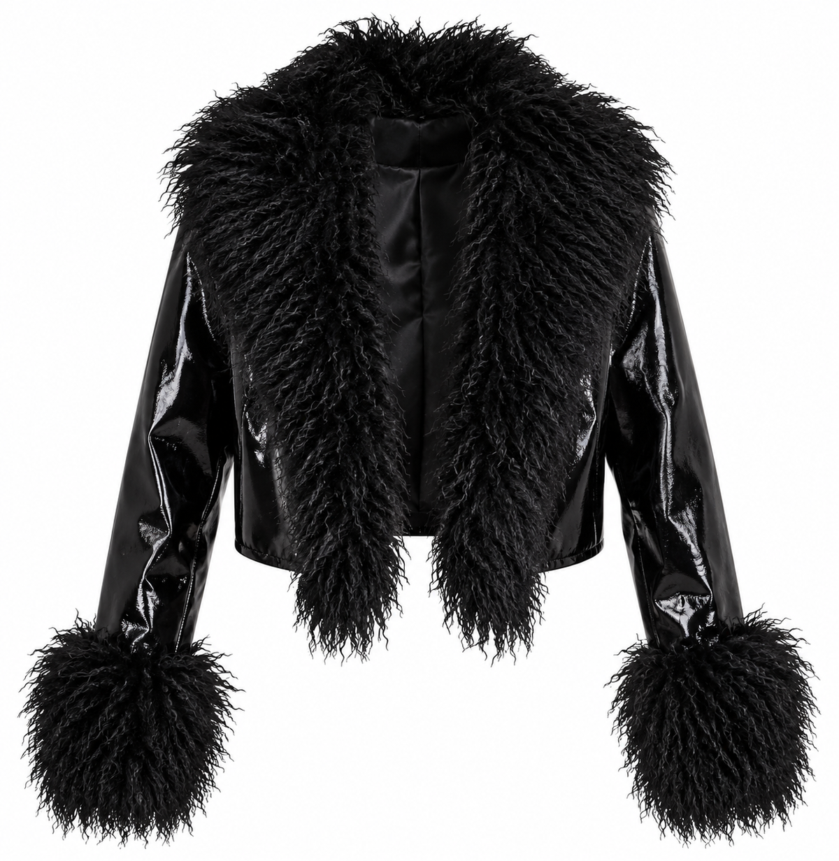 Ravenna Black Faux Fur Trim Patent Cropped Jacket