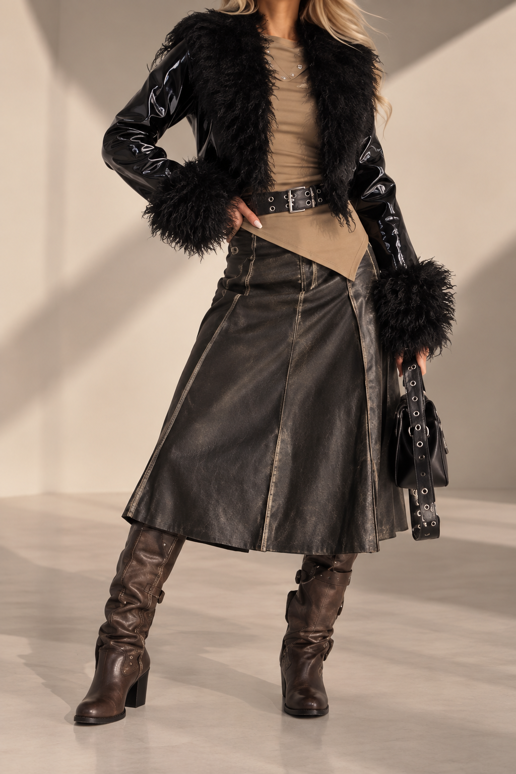 Ravenna Black Faux Fur Trim Patent Cropped Jacket