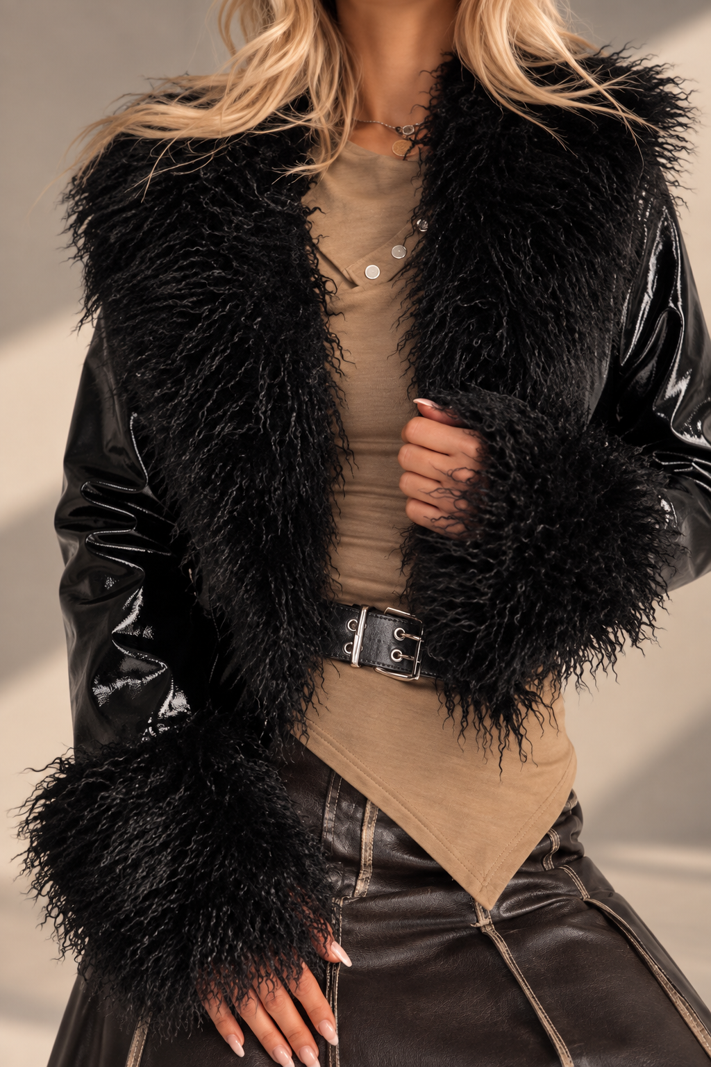 Ravenna Black Faux Fur Trim Patent Cropped Jacket