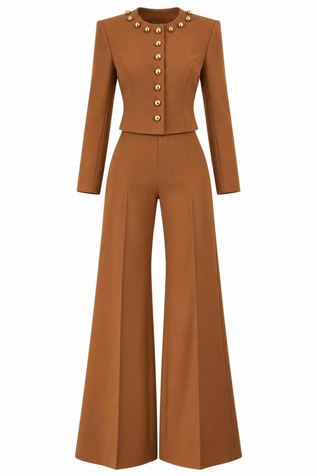 Camilla Caramel Gold Button Cropped Jacket & Wide-Leg Pants Set
