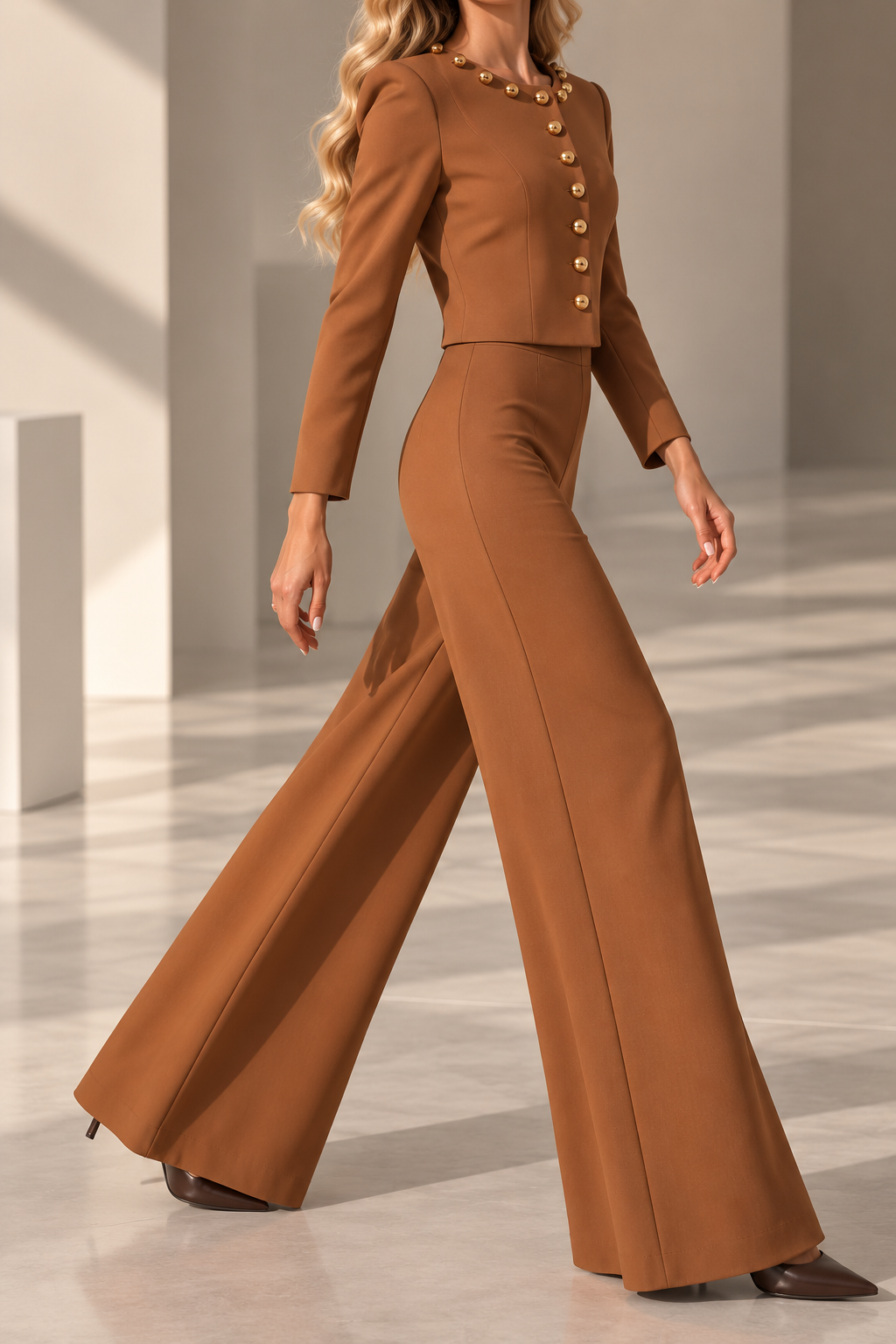 Camilla Caramel Gold Button Cropped Jacket & Wide-Leg Pants Set