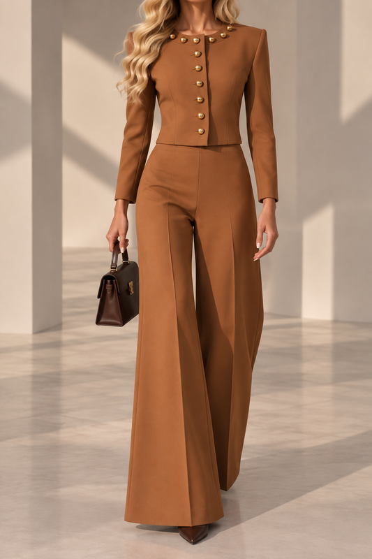 Camilla Caramel Gold Button Cropped Jacket & Wide-Leg Pants Set