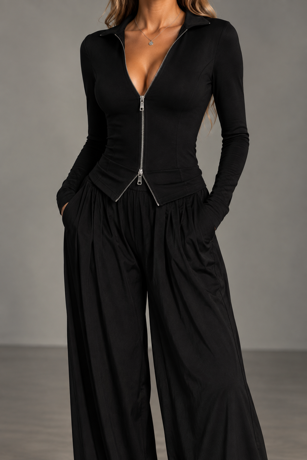 Amara Black Zip-Up Top & Wide-Leg Pants Set