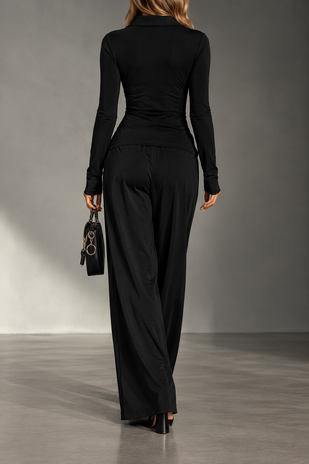 Amara Black Zip-Up Top & Wide-Leg Pants Set