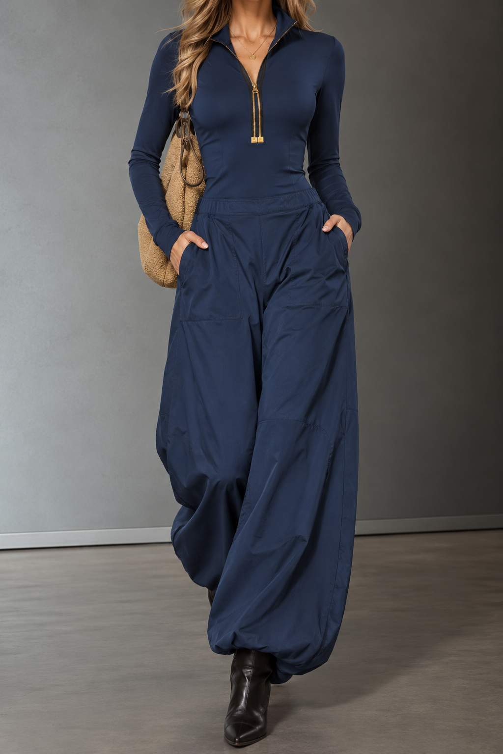 Elara Navy Zip-Up Top & Wide-Leg Pants Set