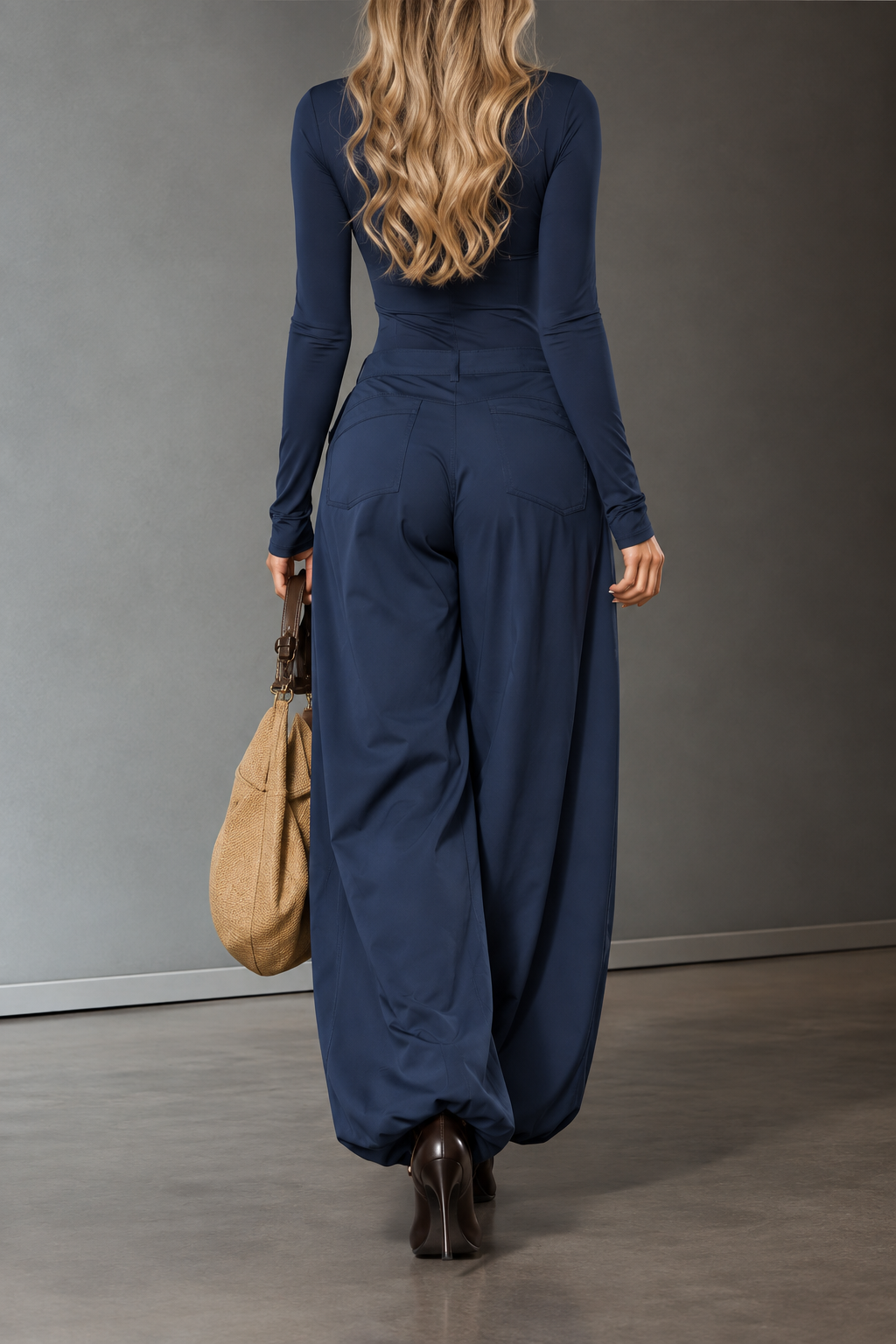 Elara Navy Zip-Up Top & Wide-Leg Pants Set