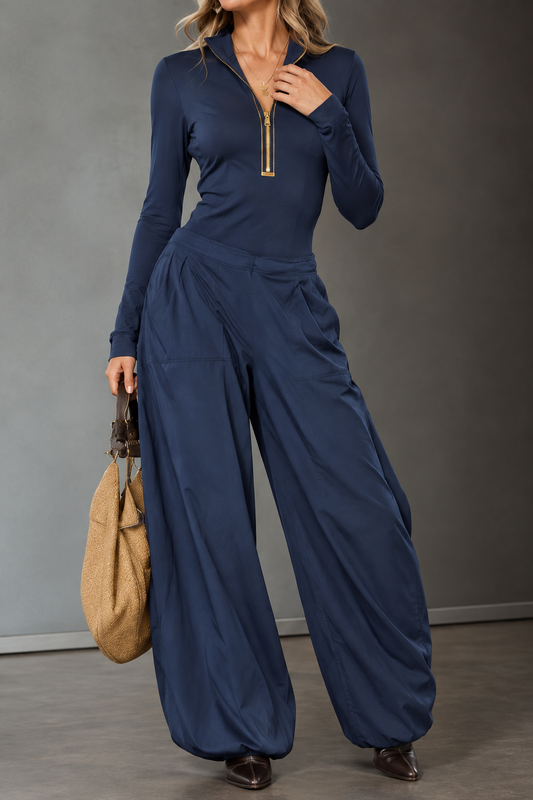 Elara Navy Zip-Up Top & Wide-Leg Pants Set