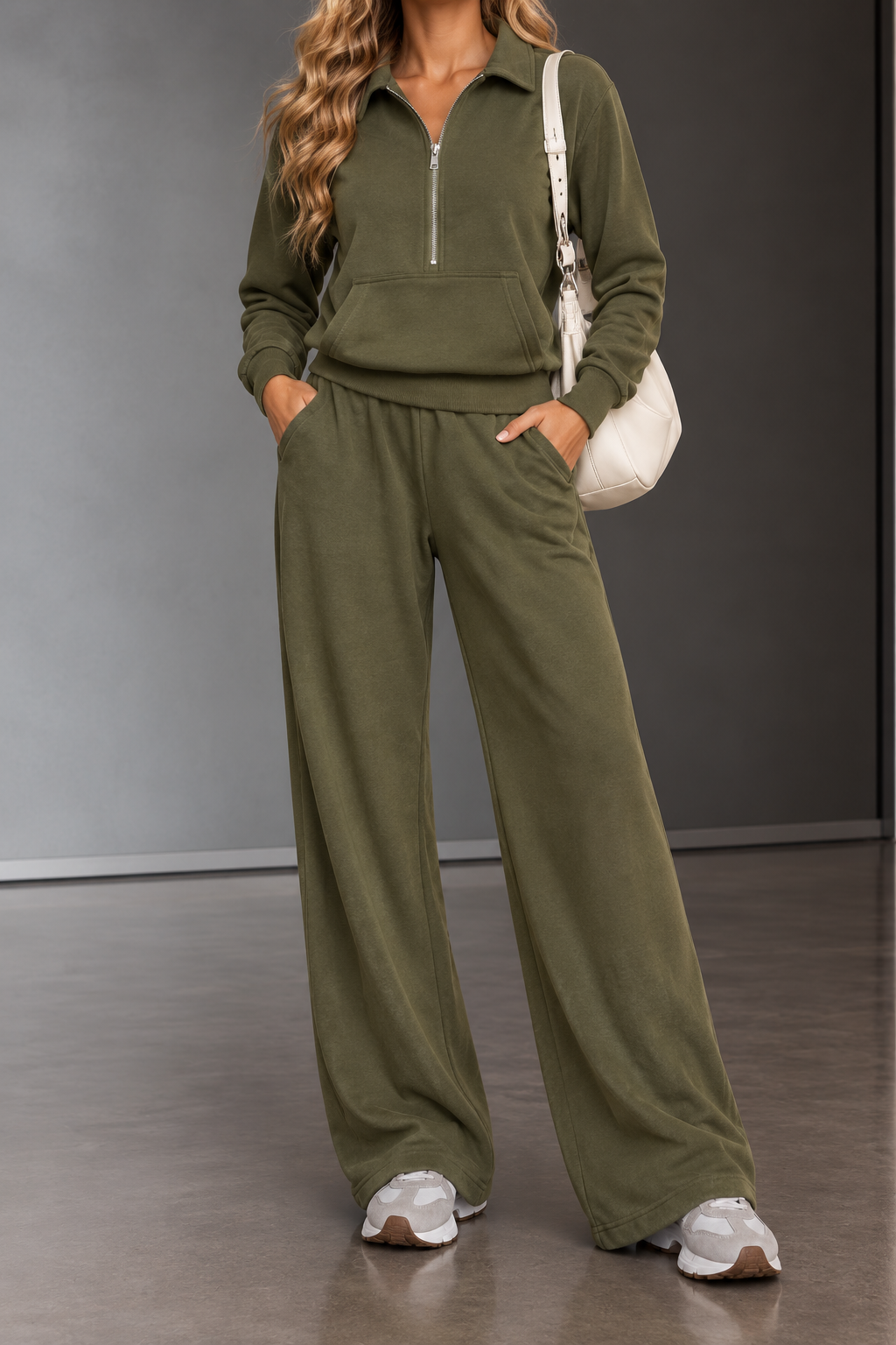 Olivia Olive Half-Zip Top & Wide-Leg Pants Set
