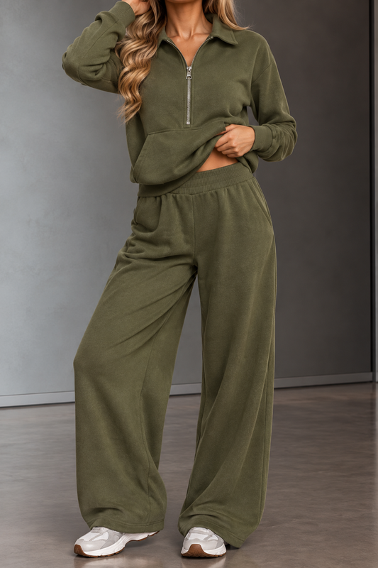 Olivia Olive Half-Zip Top & Wide-Leg Pants Set