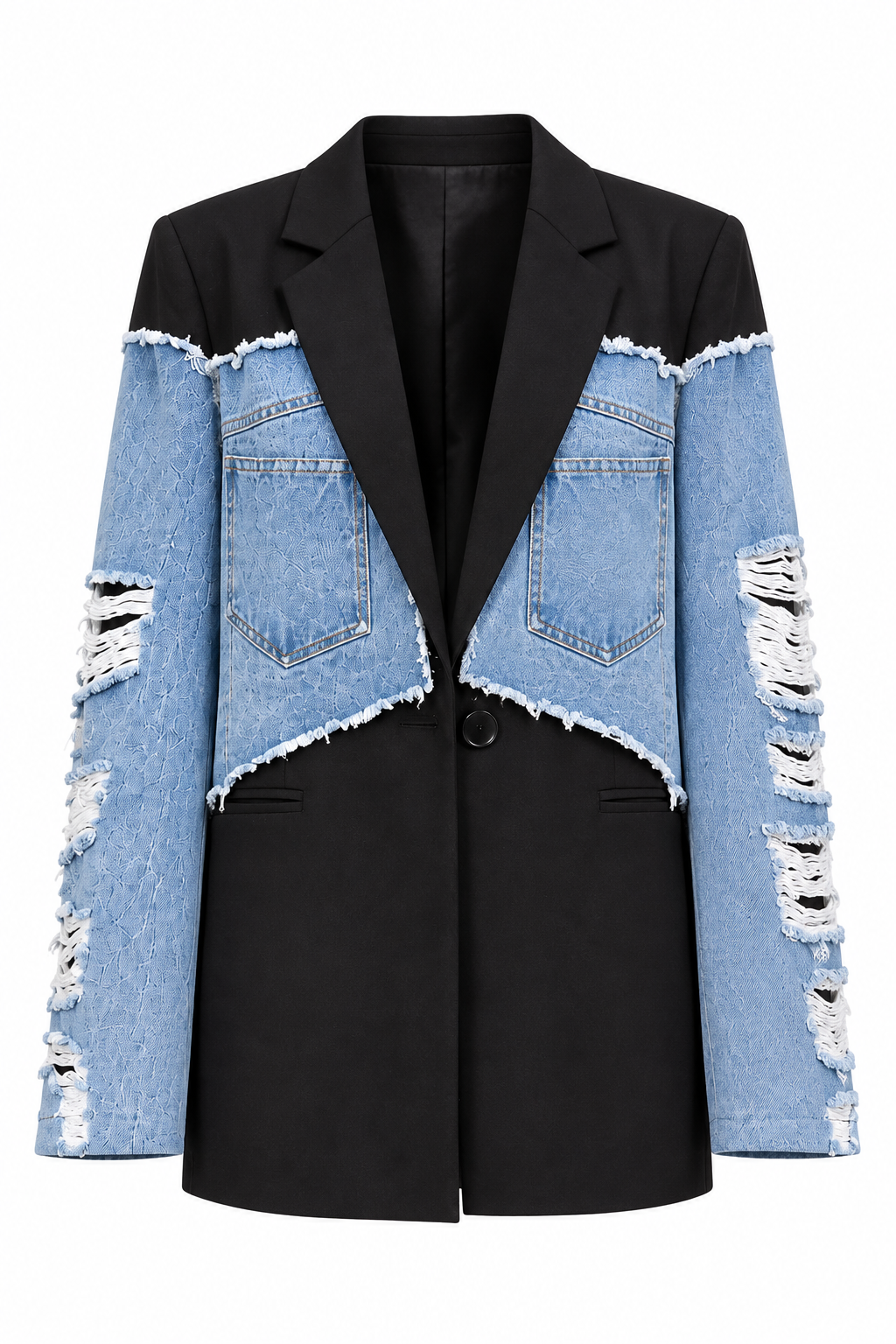 Black Blazer with Distressed Denim Panels