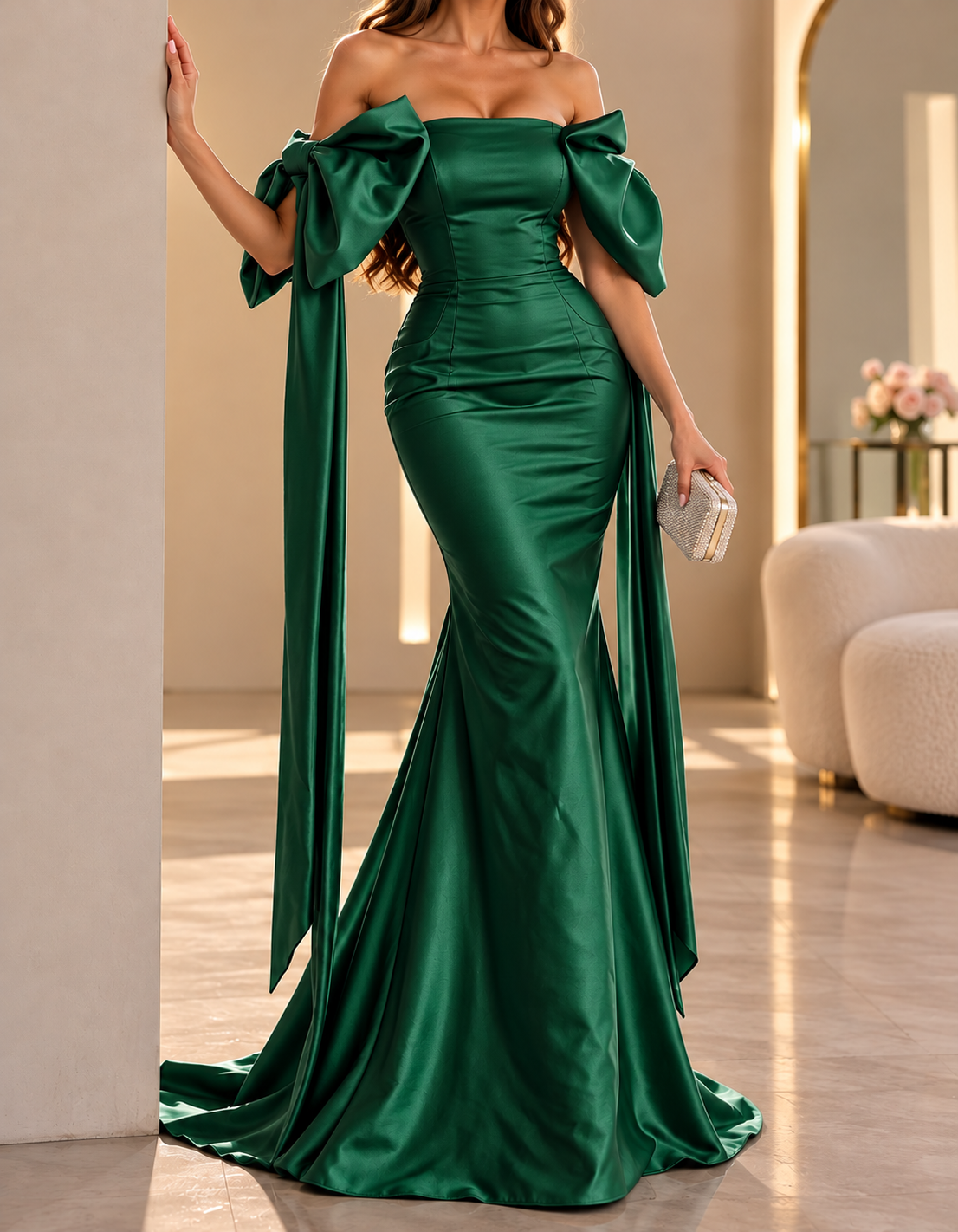 Isabella Emerald Green Off-Shoulder Bow Satin Mermaid Maxi Dress