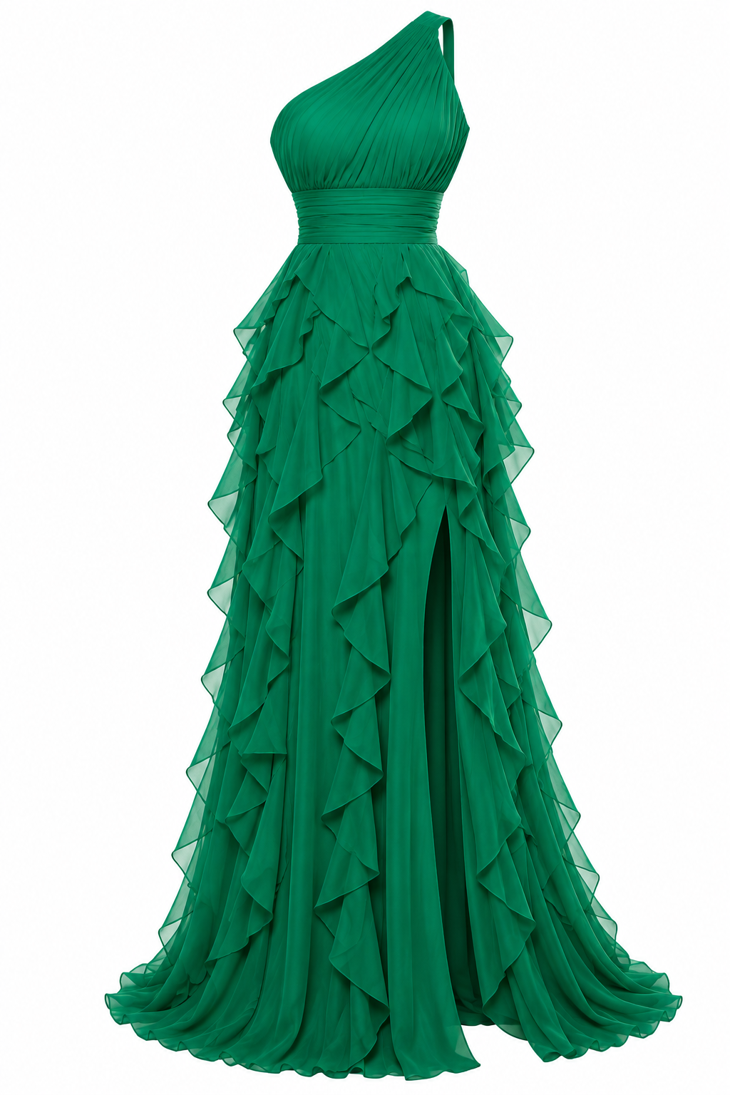 Elara Emerald Green One-Shoulder Ruffle Maxi Dress