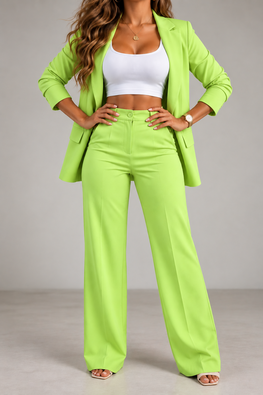 Livia Lime Green Tailored Blazer & Wide-Leg Pants Set