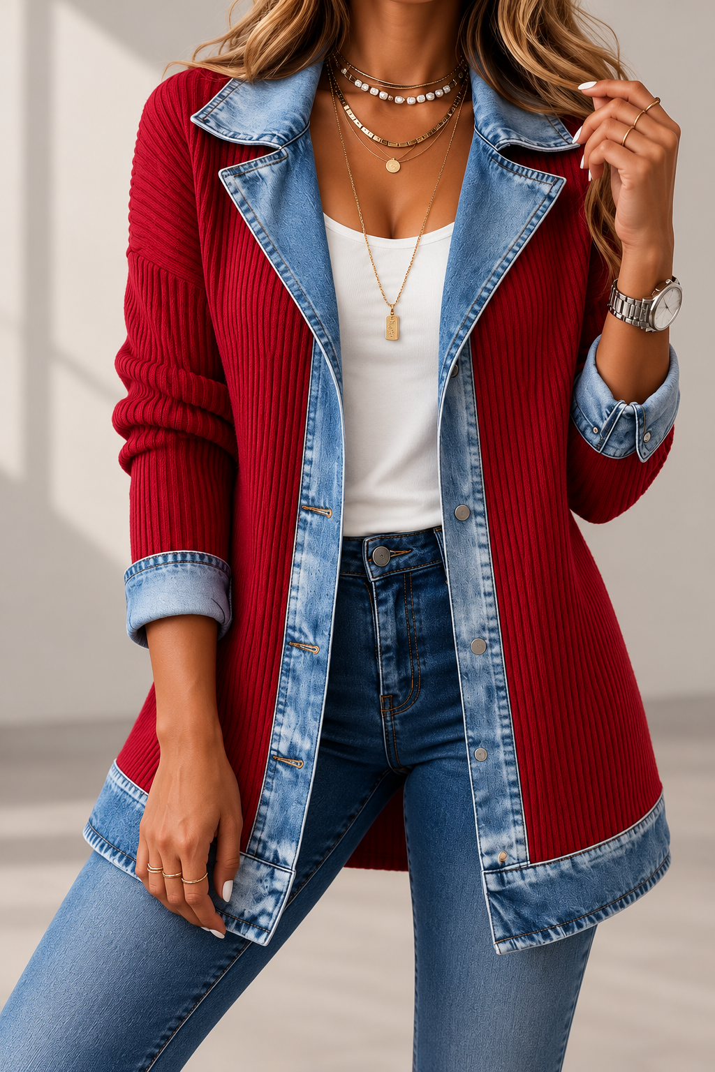Amara Navy Ribbed Knit & Denim Trim Jacket