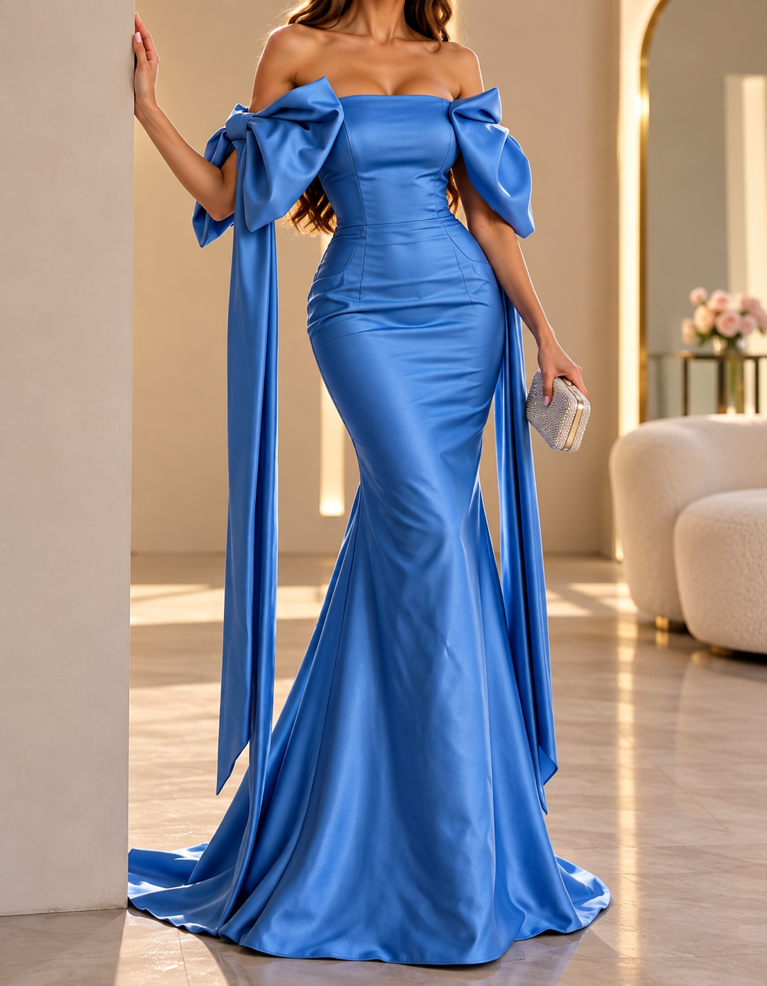Isabella Emerald Green Off-Shoulder Bow Satin Mermaid Maxi Dress