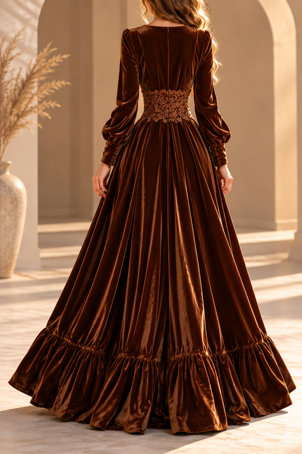 Seraphina Forest Green Velvet Lace Waist Maxi Dress