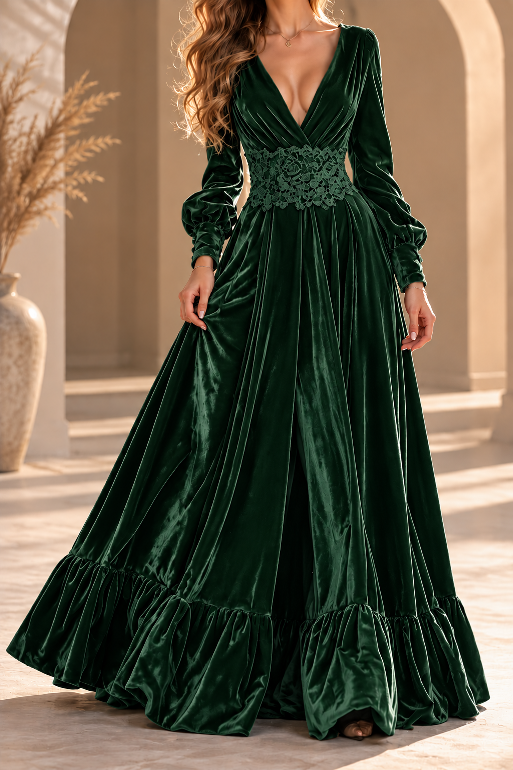 Seraphina Forest Green Velvet Lace Waist Maxi Dress