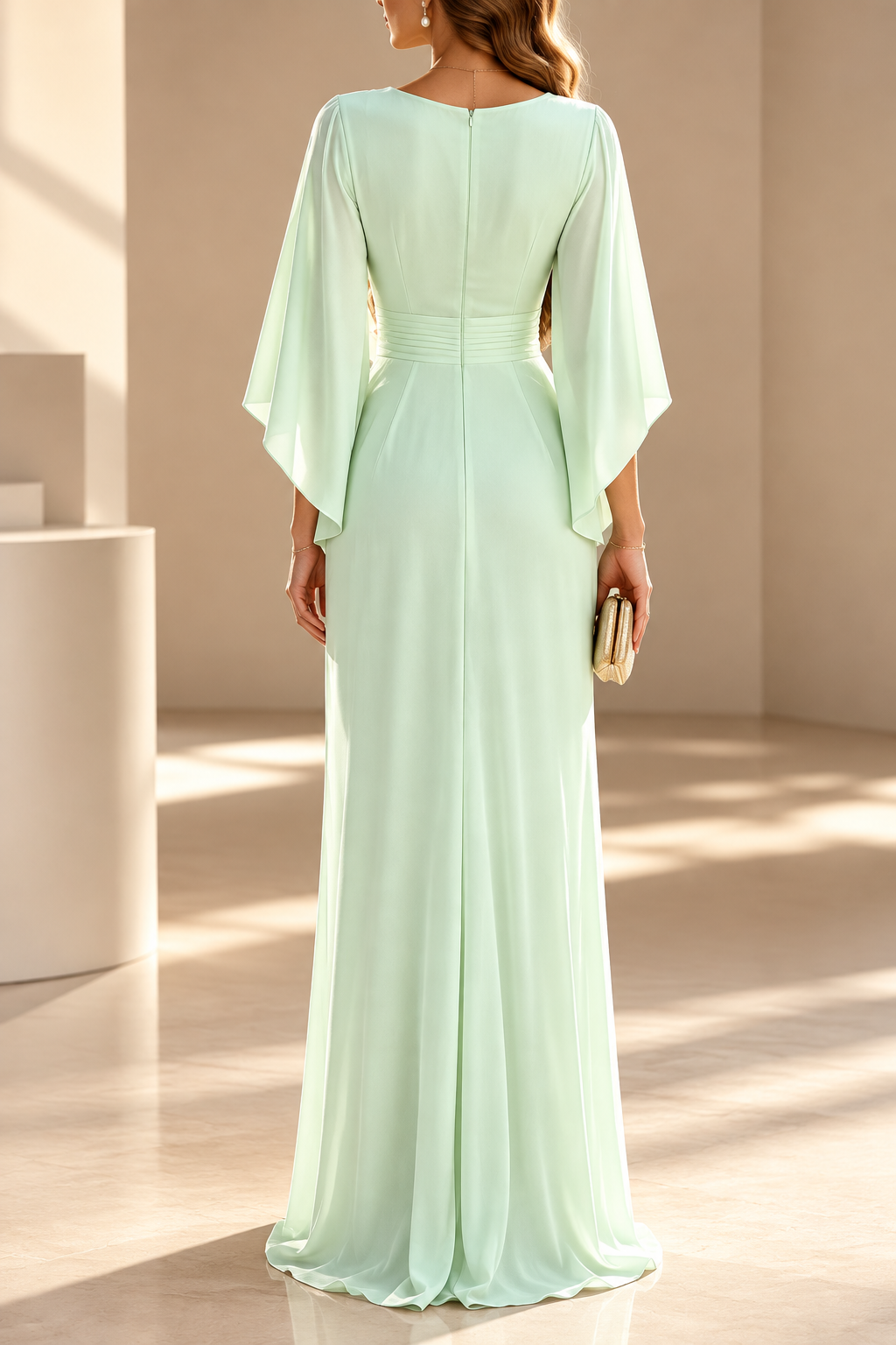 Eliana Mint Green Pleated V Neck Maxi Dress