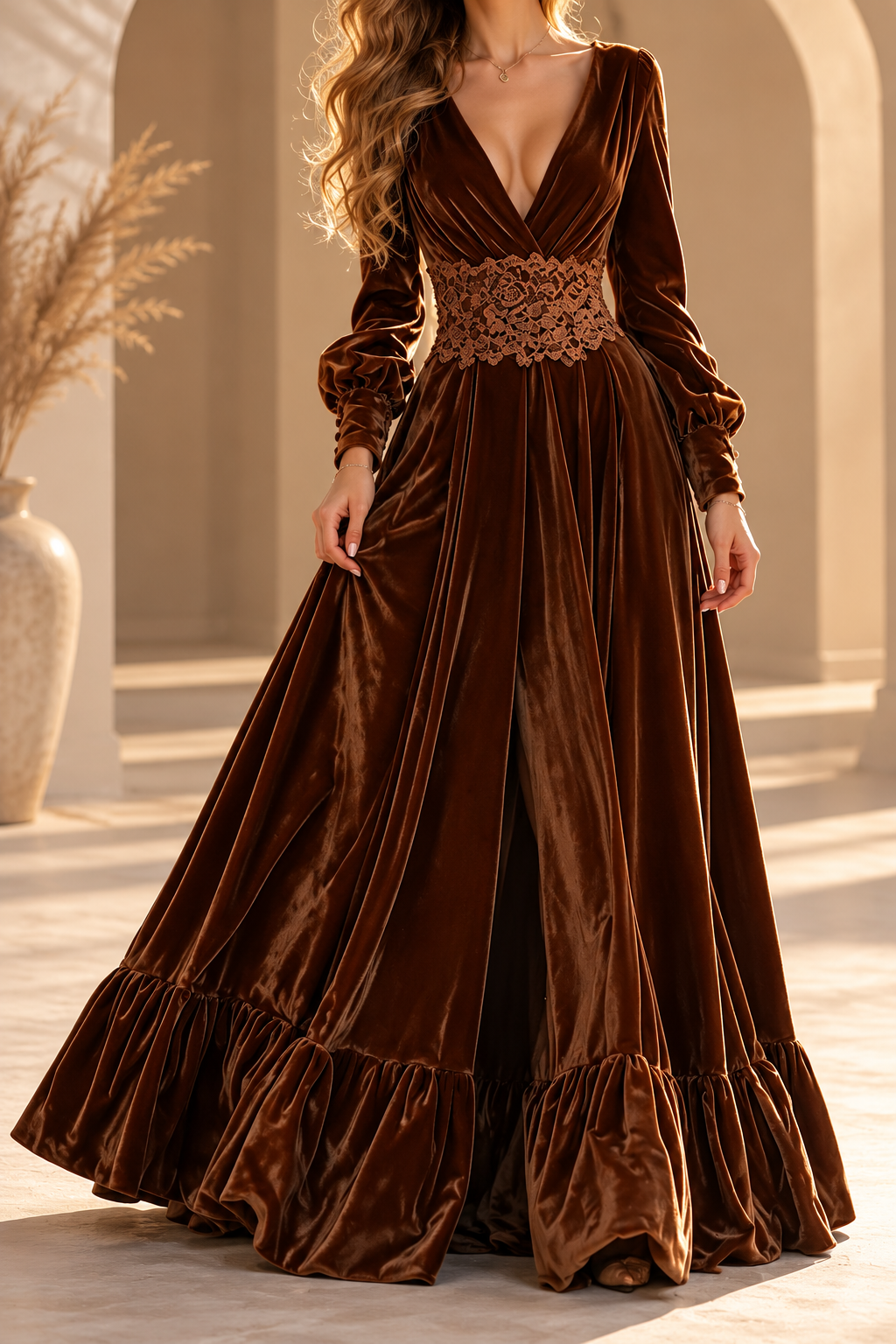 Seraphina Forest Green Velvet Lace Waist Maxi Dress
