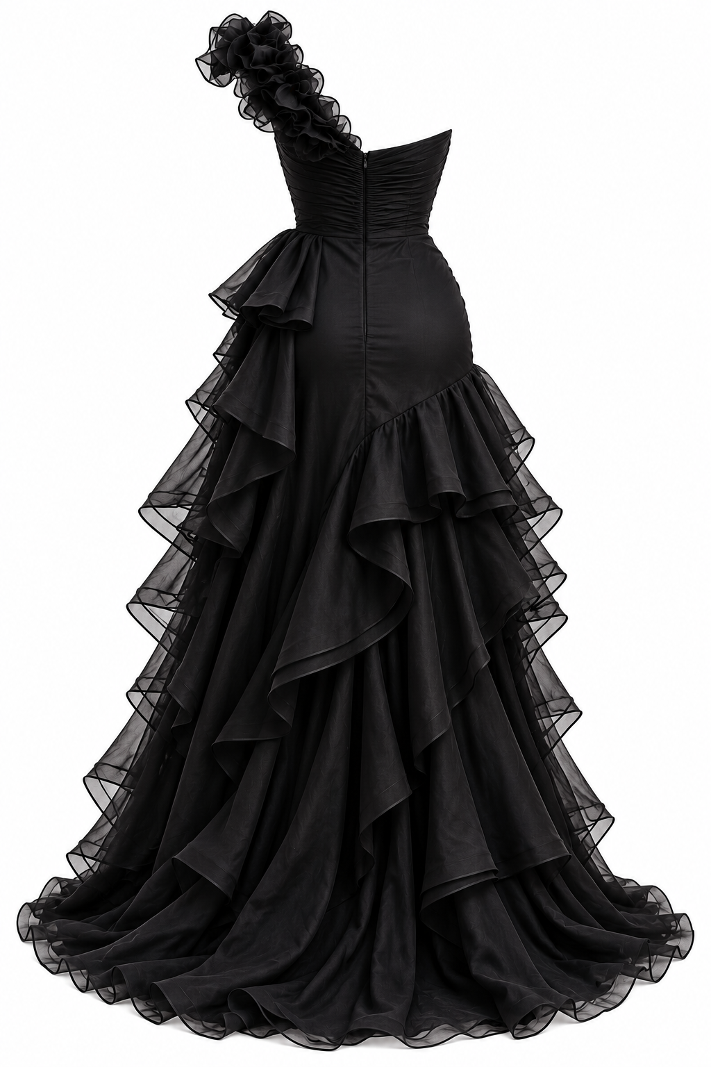 Isabella Black One-Shoulder Ruffle Maxi Dress