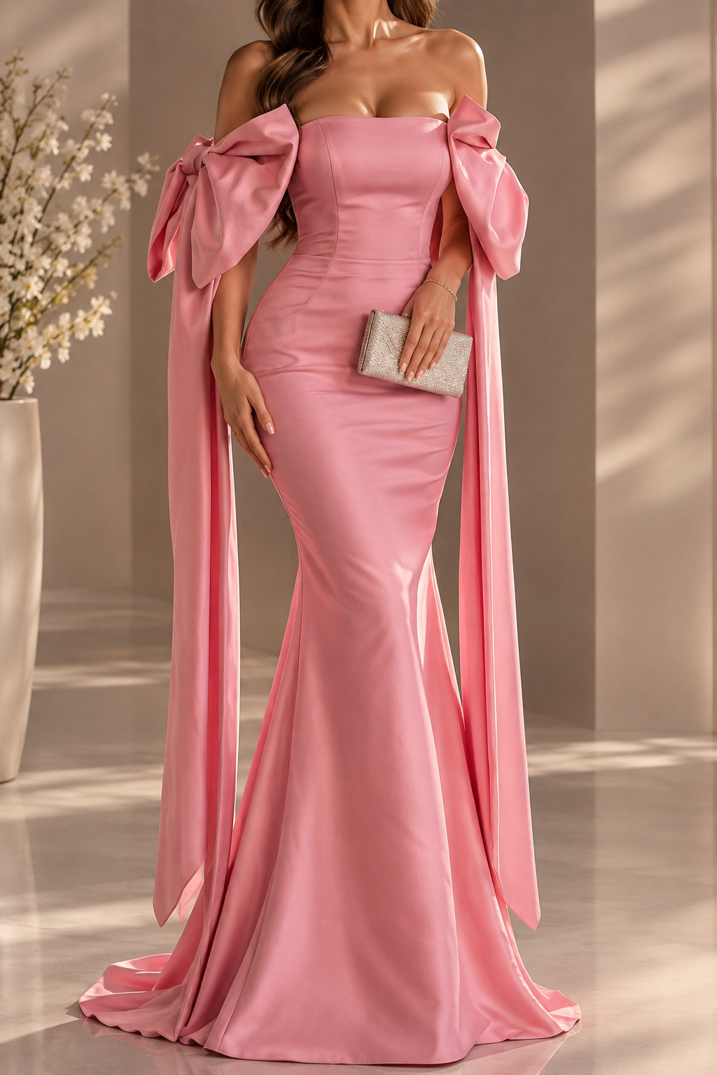 Isabella Emerald Green Off-Shoulder Bow Satin Mermaid Maxi Dress