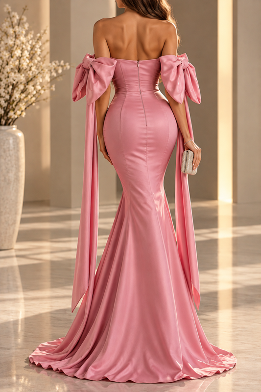 Isabella Emerald Green Off-Shoulder Bow Satin Mermaid Maxi Dress