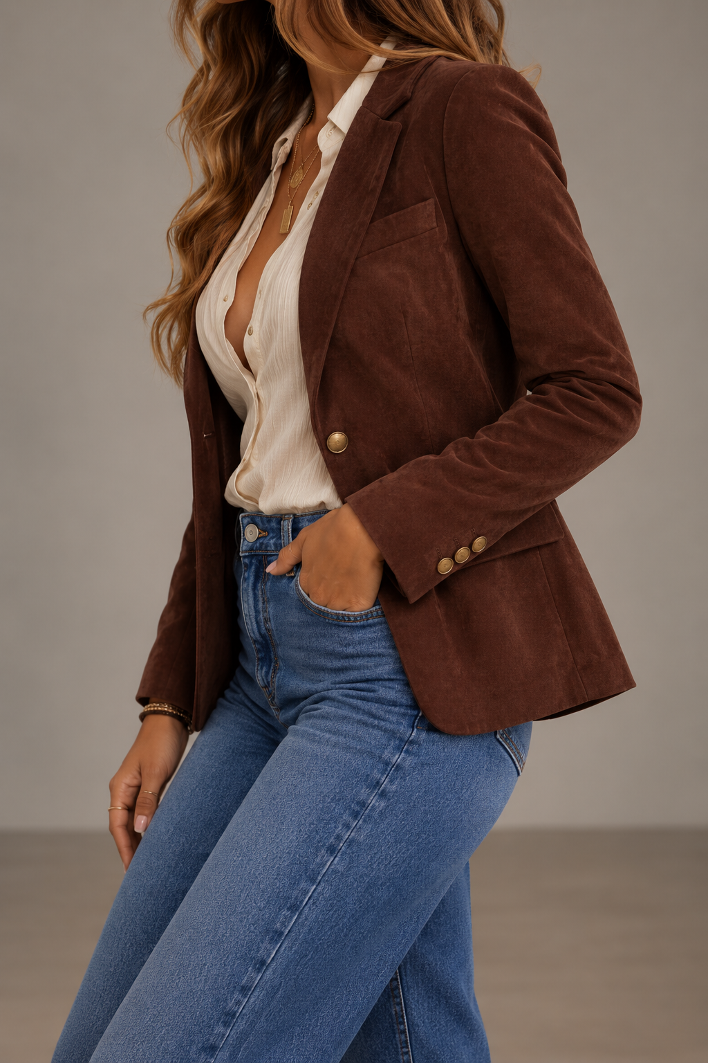 Elara Chocolate Brown Suede Tailored Blazer