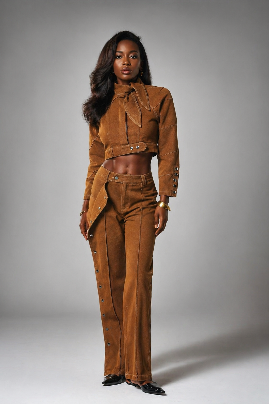 Tailored Caramel Cropped Jacket & High-Waist Pants Set