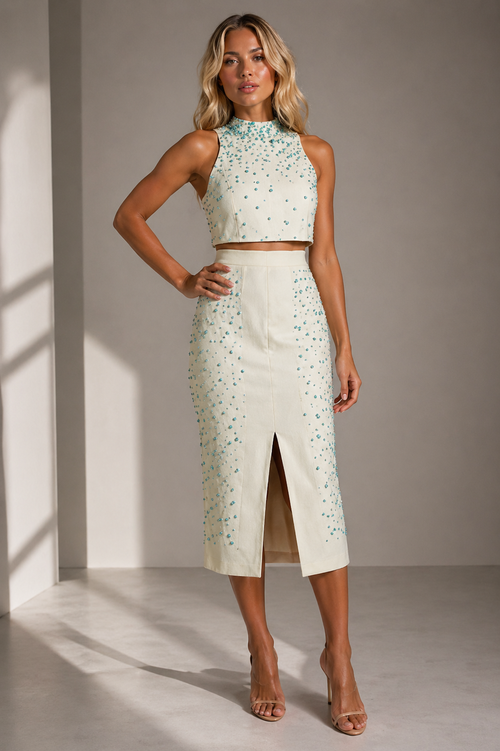 Crystal Detail Sleeveless Top & High-Waist Skirt Set