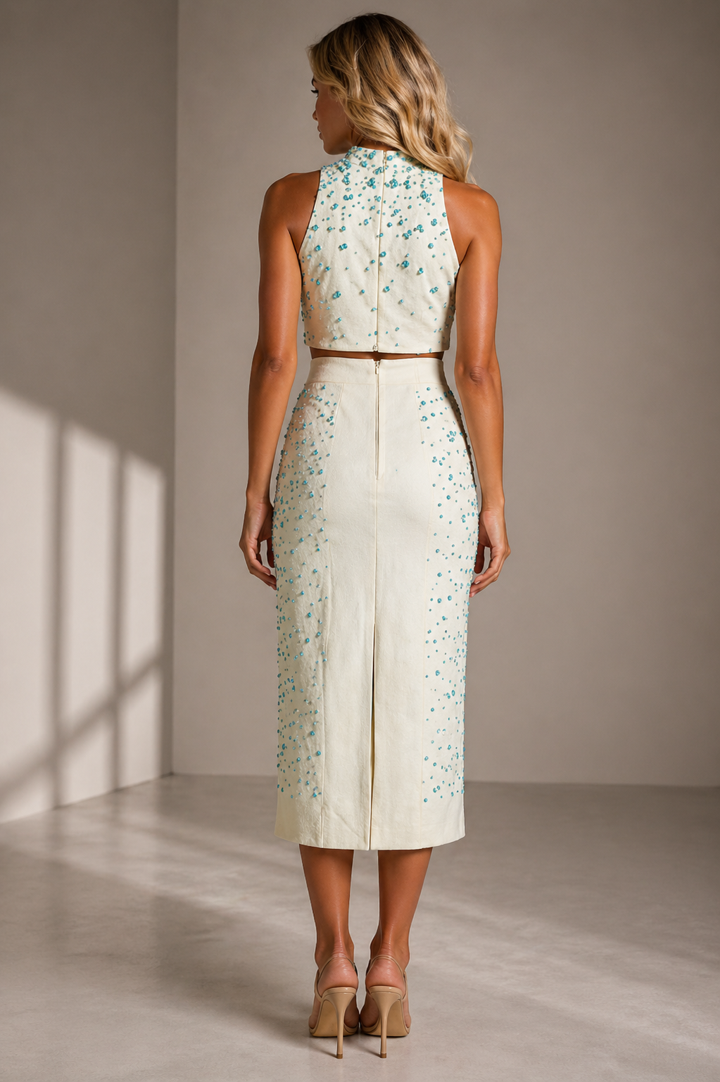 Crystal Detail Sleeveless Top & High-Waist Skirt Set