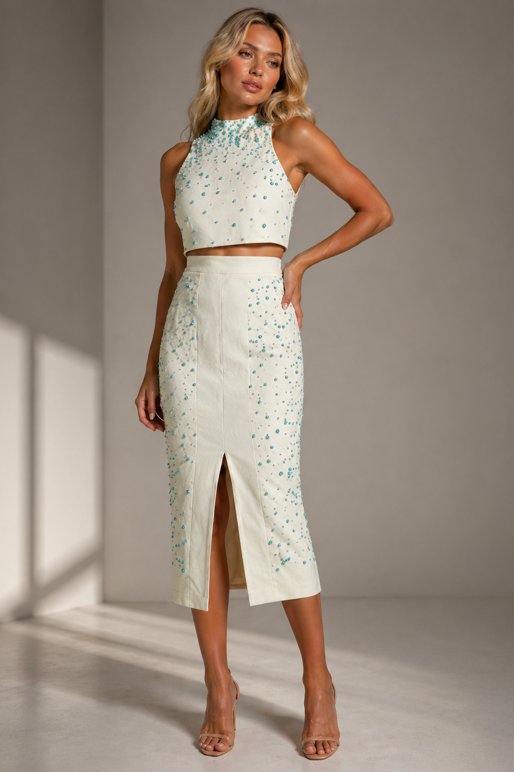 Crystal Detail Sleeveless Top & High-Waist Skirt Set