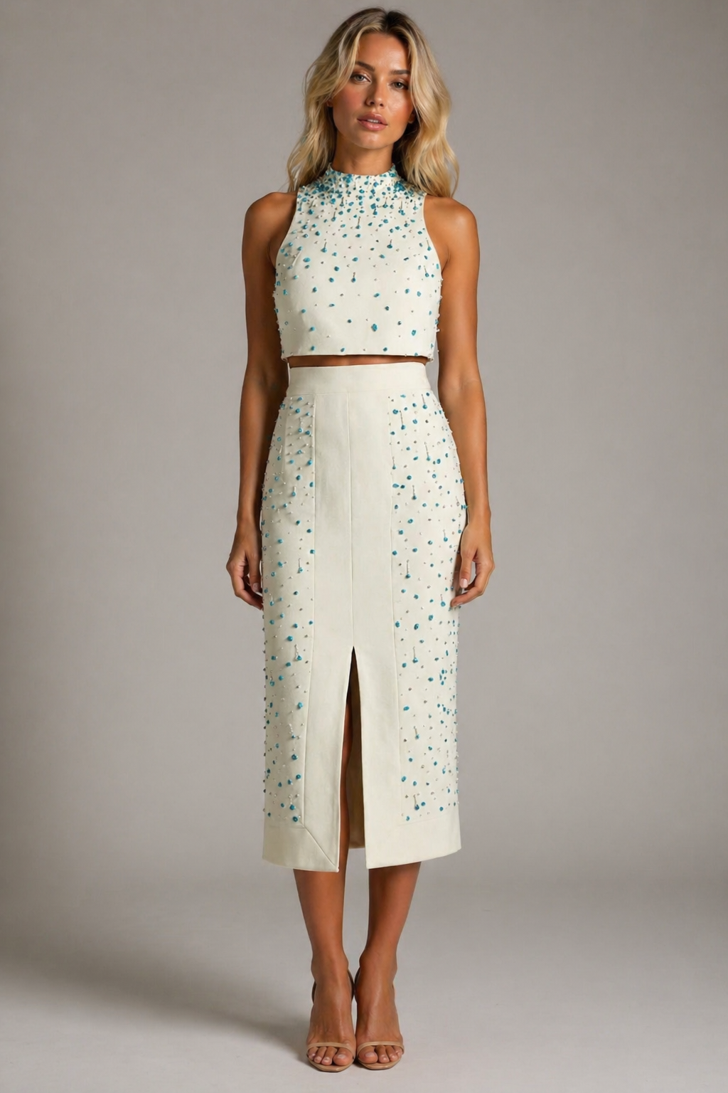 Crystal Detail Sleeveless Top & High-Waist Skirt Set