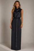 Chic Satin High-Neck Top & Buttoned Maxi Skirt Set