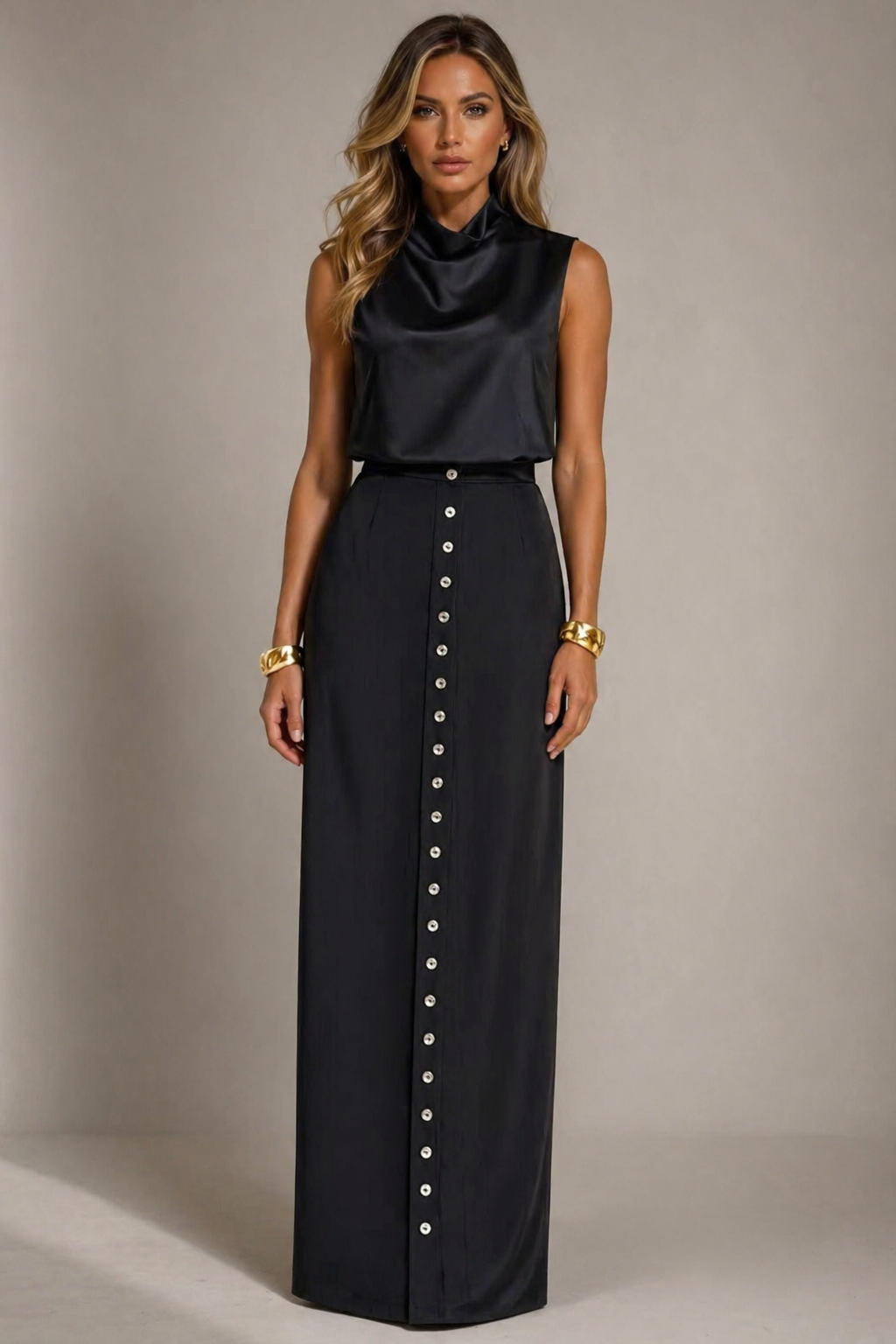 Chic Satin High-Neck Top & Buttoned Maxi Skirt Set