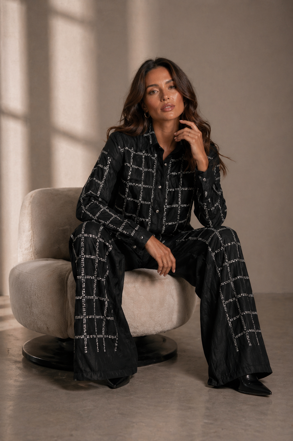 Modern Embellished Denim Shirt & Palazzo Pants Set Black