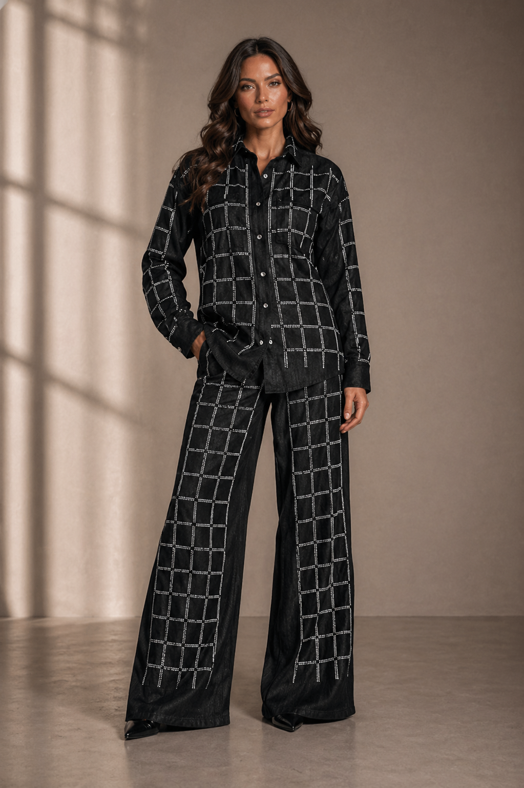 Modern Embellished Denim Shirt & Palazzo Pants Set Black
