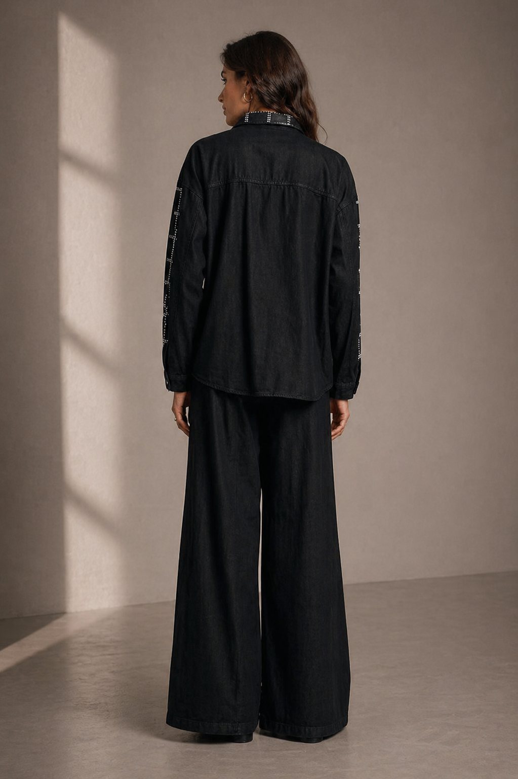 Modern Embellished Denim Shirt & Palazzo Pants Set Black