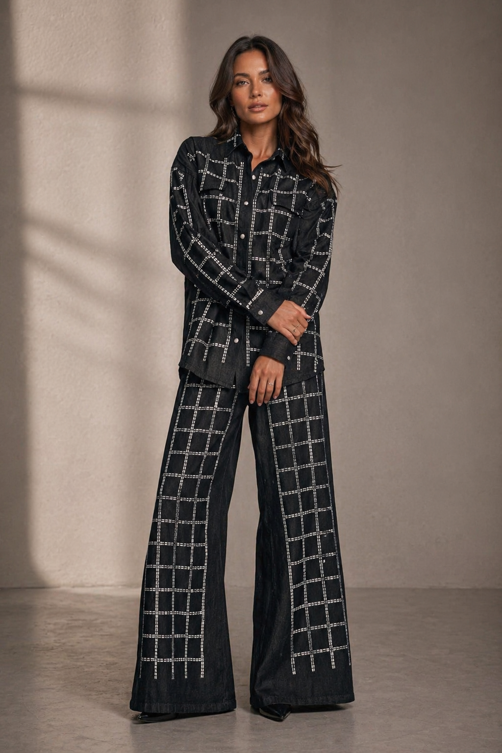 Modern Embellished Denim Shirt & Palazzo Pants Set Black