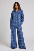 Modern Embellished Denim Shirt & Palazzo Pants Set BLEU