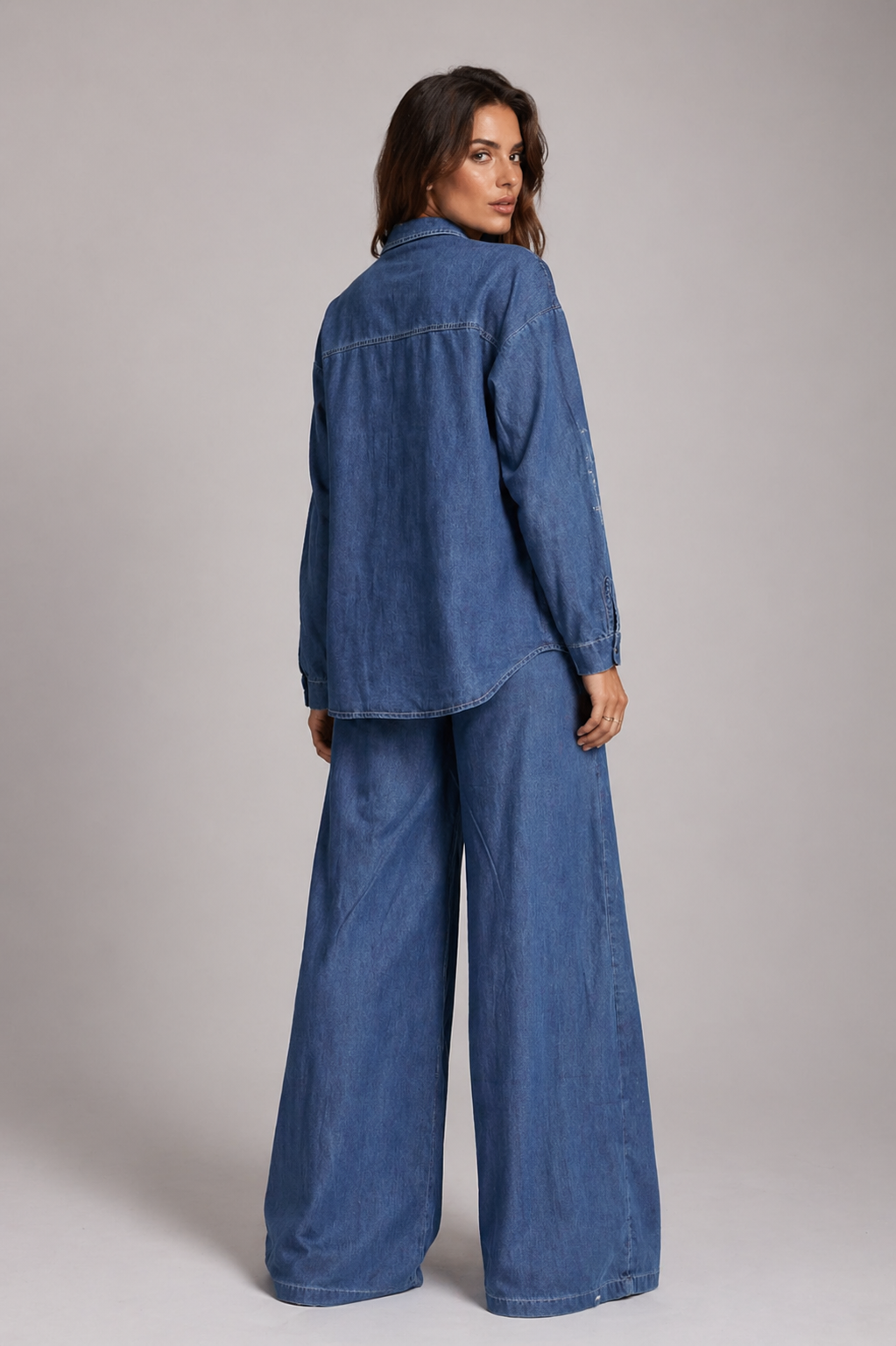 Modern Embellished Denim Shirt & Palazzo Pants Set BLEU