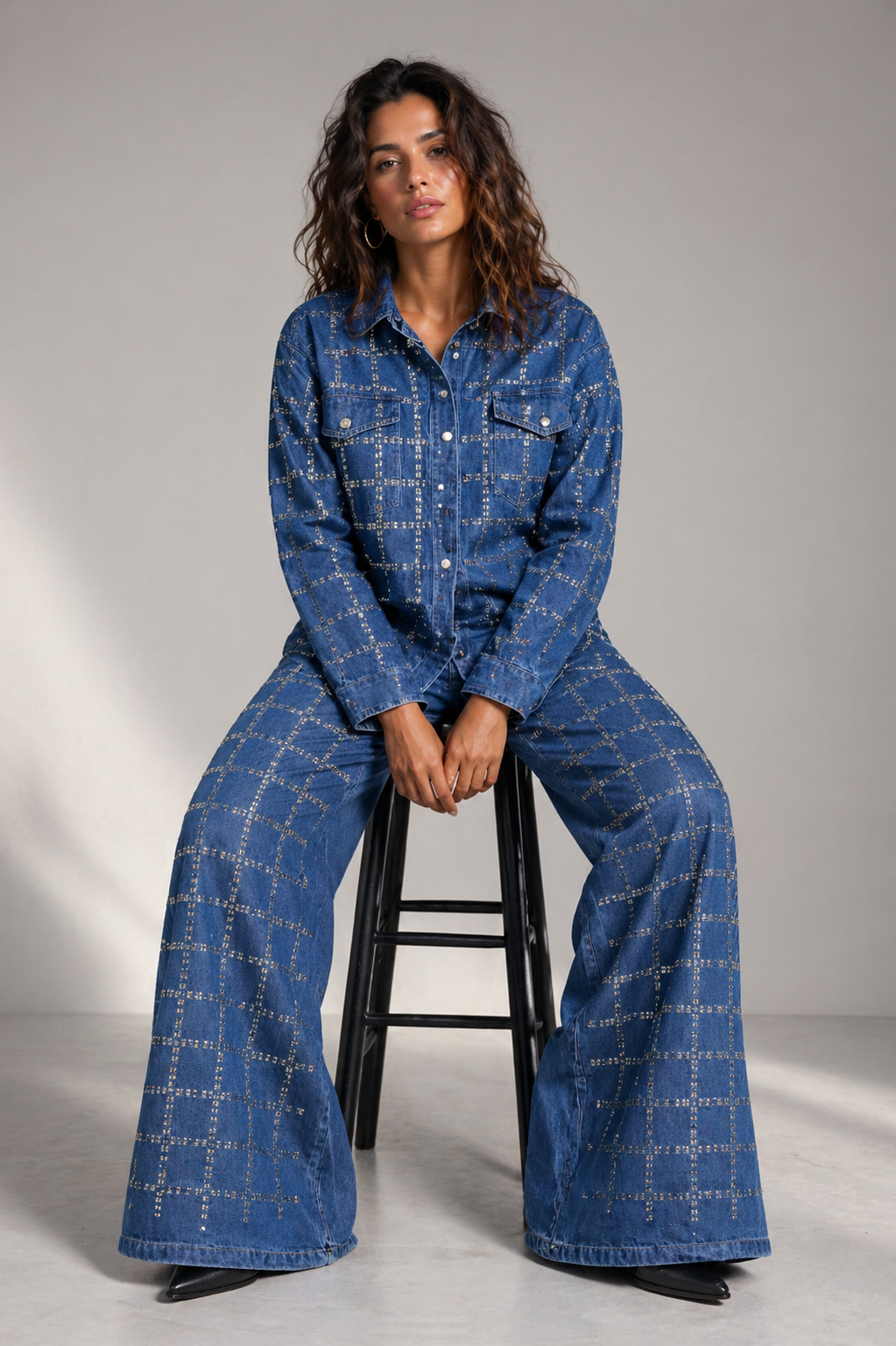 Modern Embellished Denim Shirt & Palazzo Pants Set BLEU