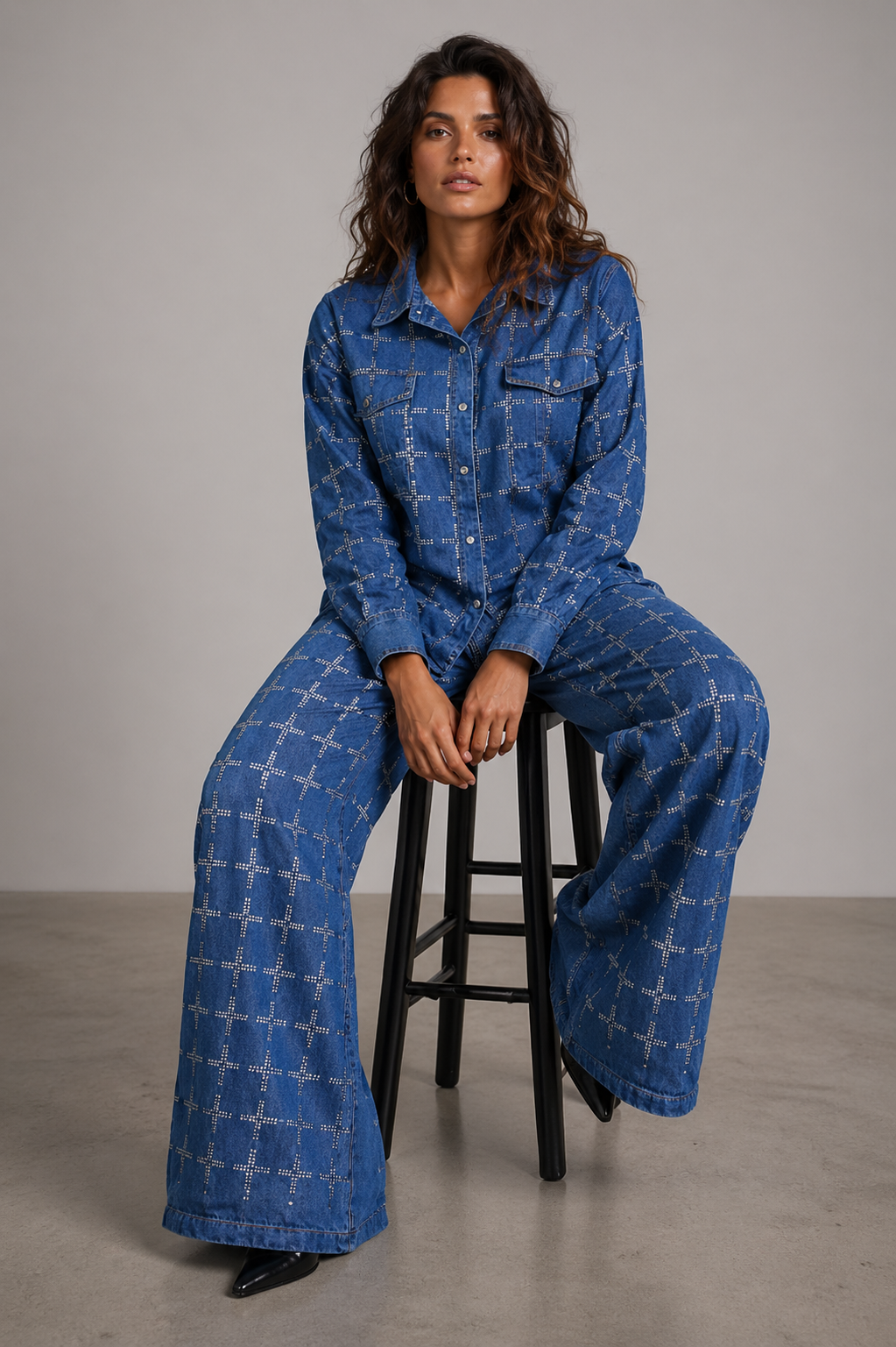 Modern Embellished Denim Shirt & Palazzo Pants Set BLEU