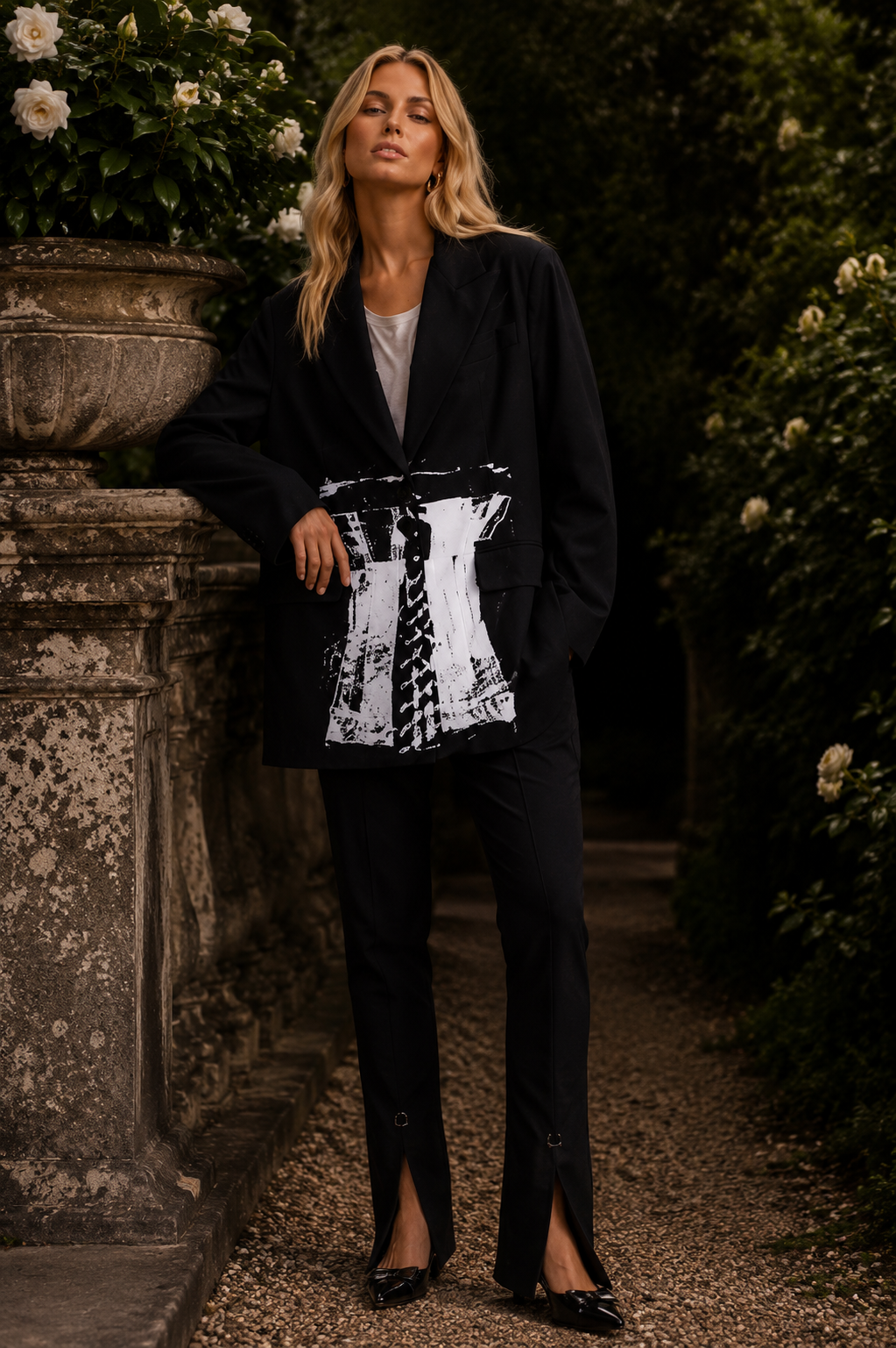 Paula Black blazer with corset graphic detail