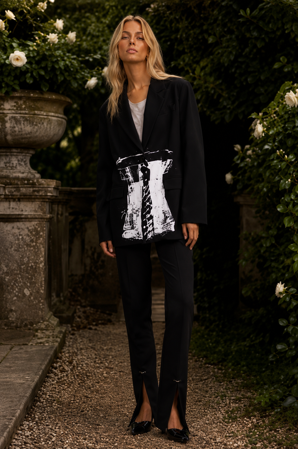 Paula Black blazer with corset graphic detail