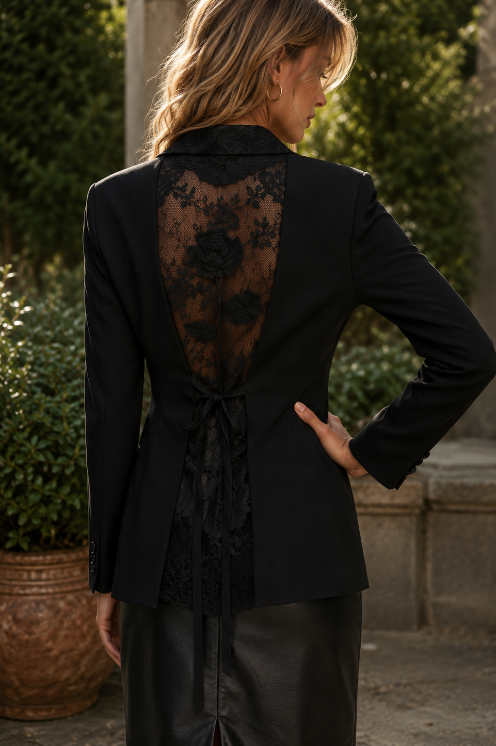 Valyria Black tailored women’s blazer with lace trim
