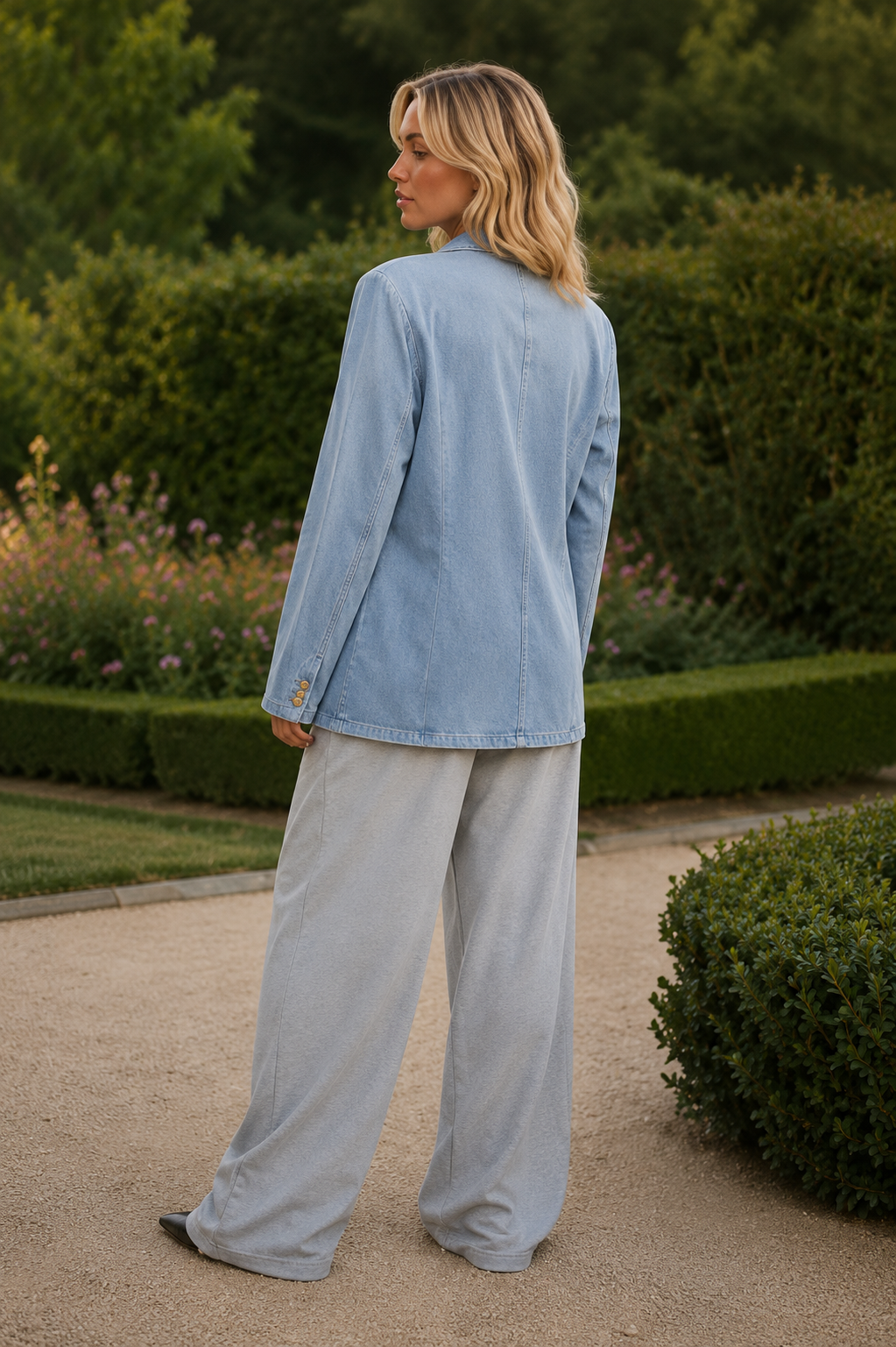 Wiem Light blue denim blazer flat lay