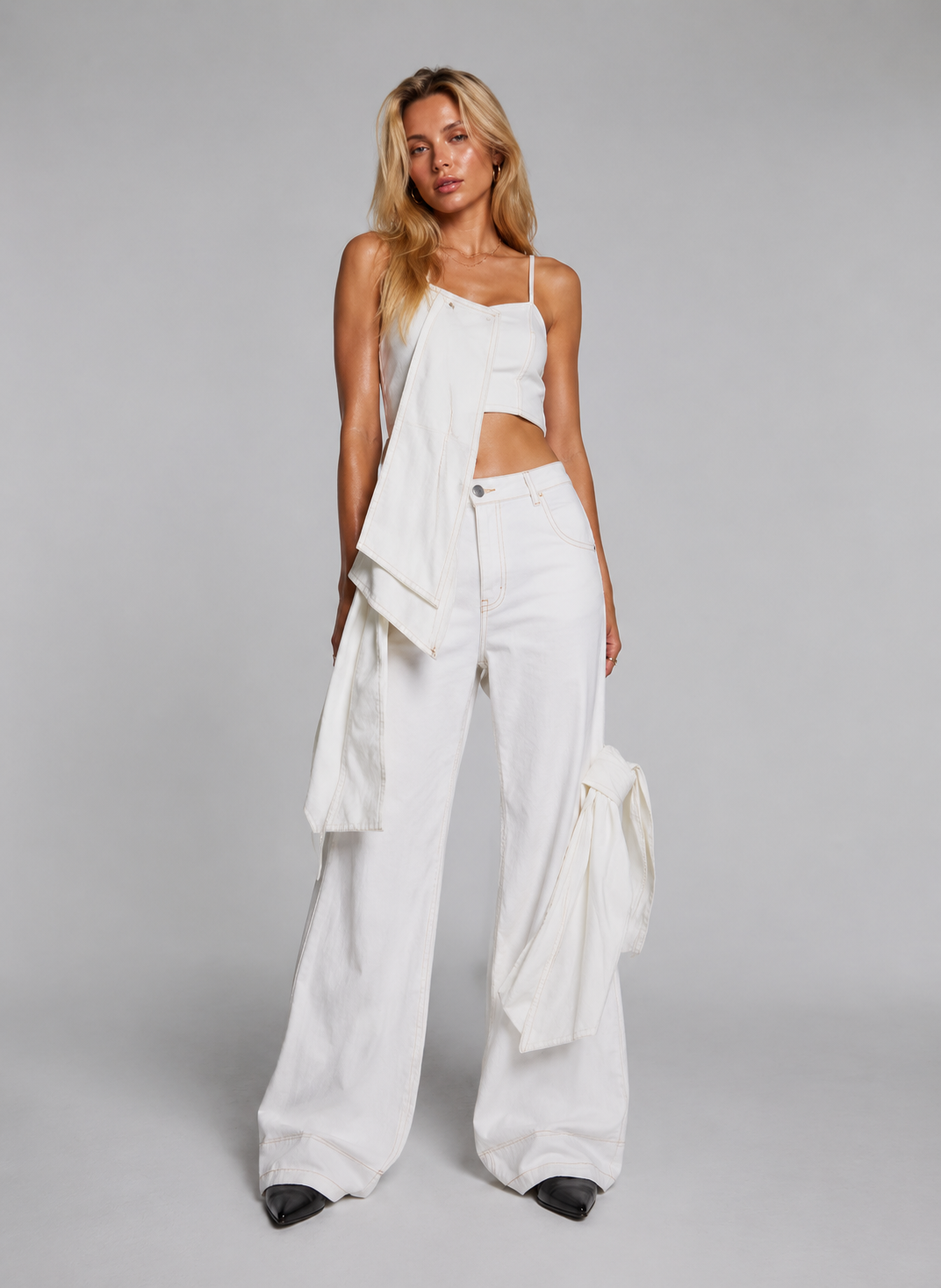 Sarra White wide-leg denim pants with draped details